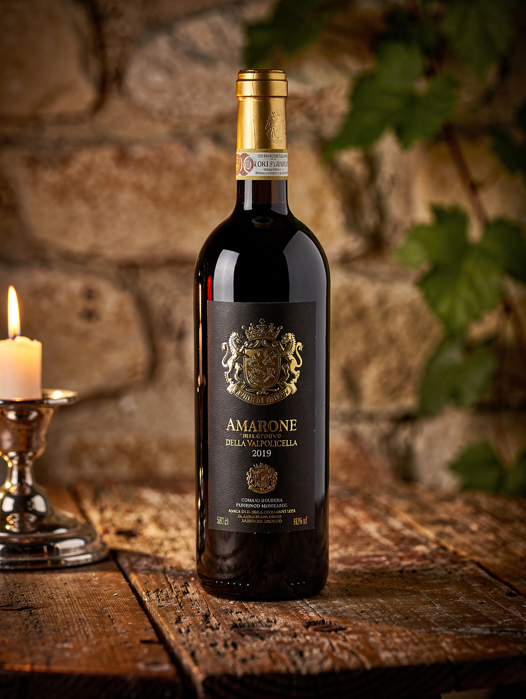 Bottle of aged Amarone in the wine cellar