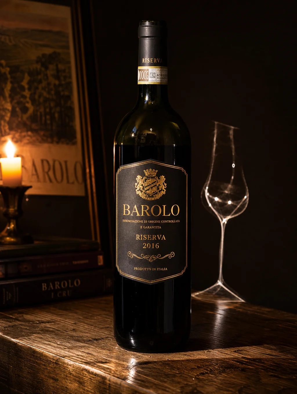 Glass of aged Barolo in a candlelit dining room