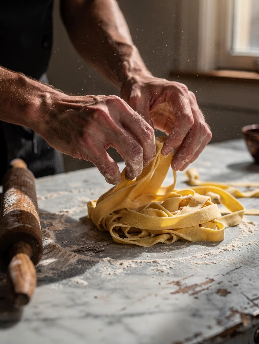 Chef preparing fresh handmade pasta in our open kitchen