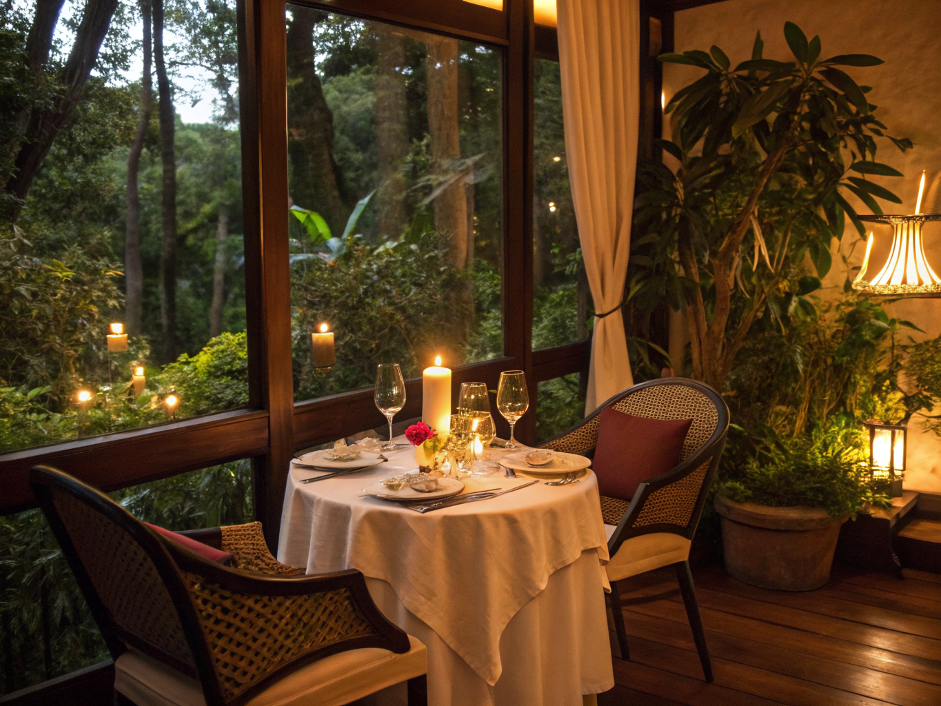 Cozy candlelit dining nook with linen tablecloths