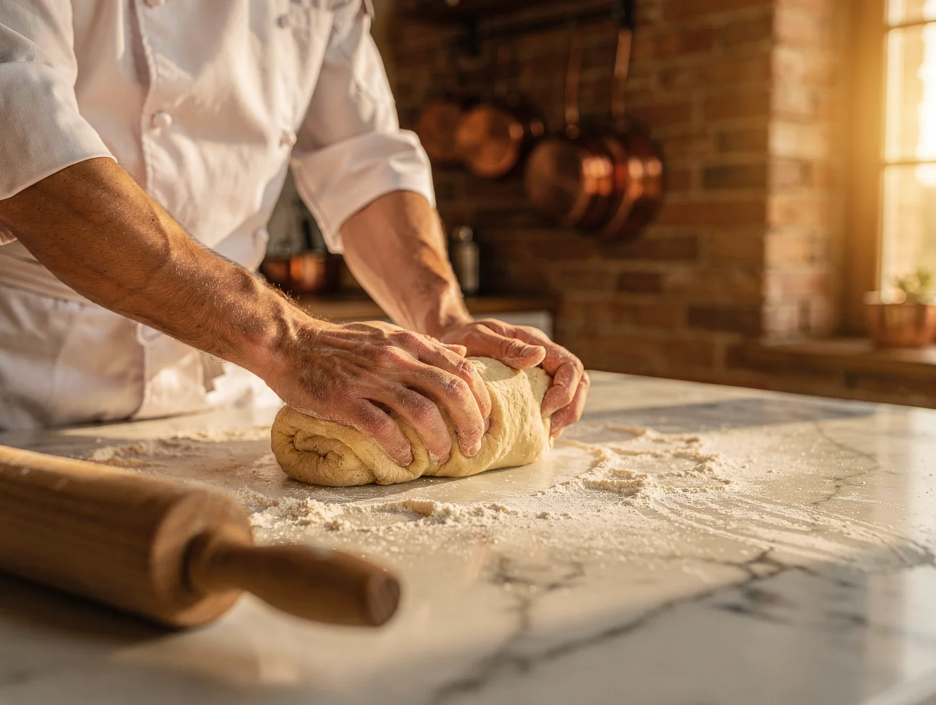 Chef rolling fresh pasta dough on marble