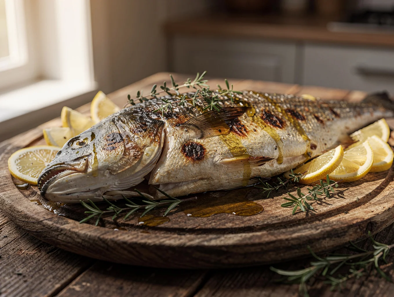 Roasted branzino served with fresh greens