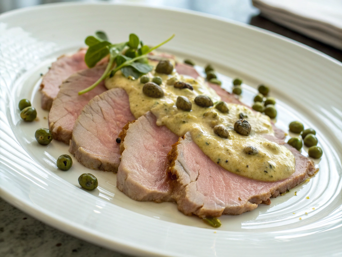 Sliced veal with tuna emulsion