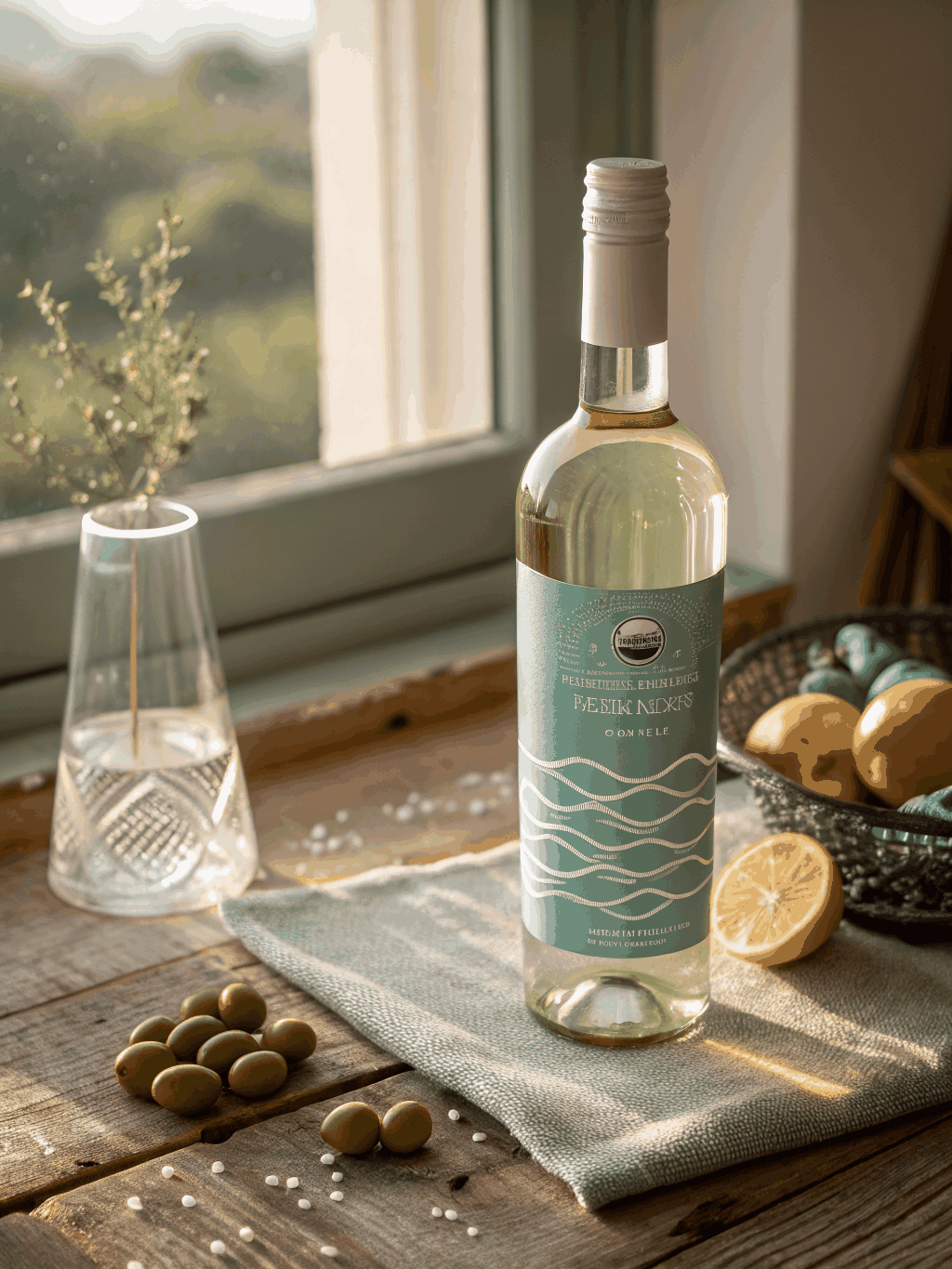 Crisp white Vermentino poured near fresh seafood