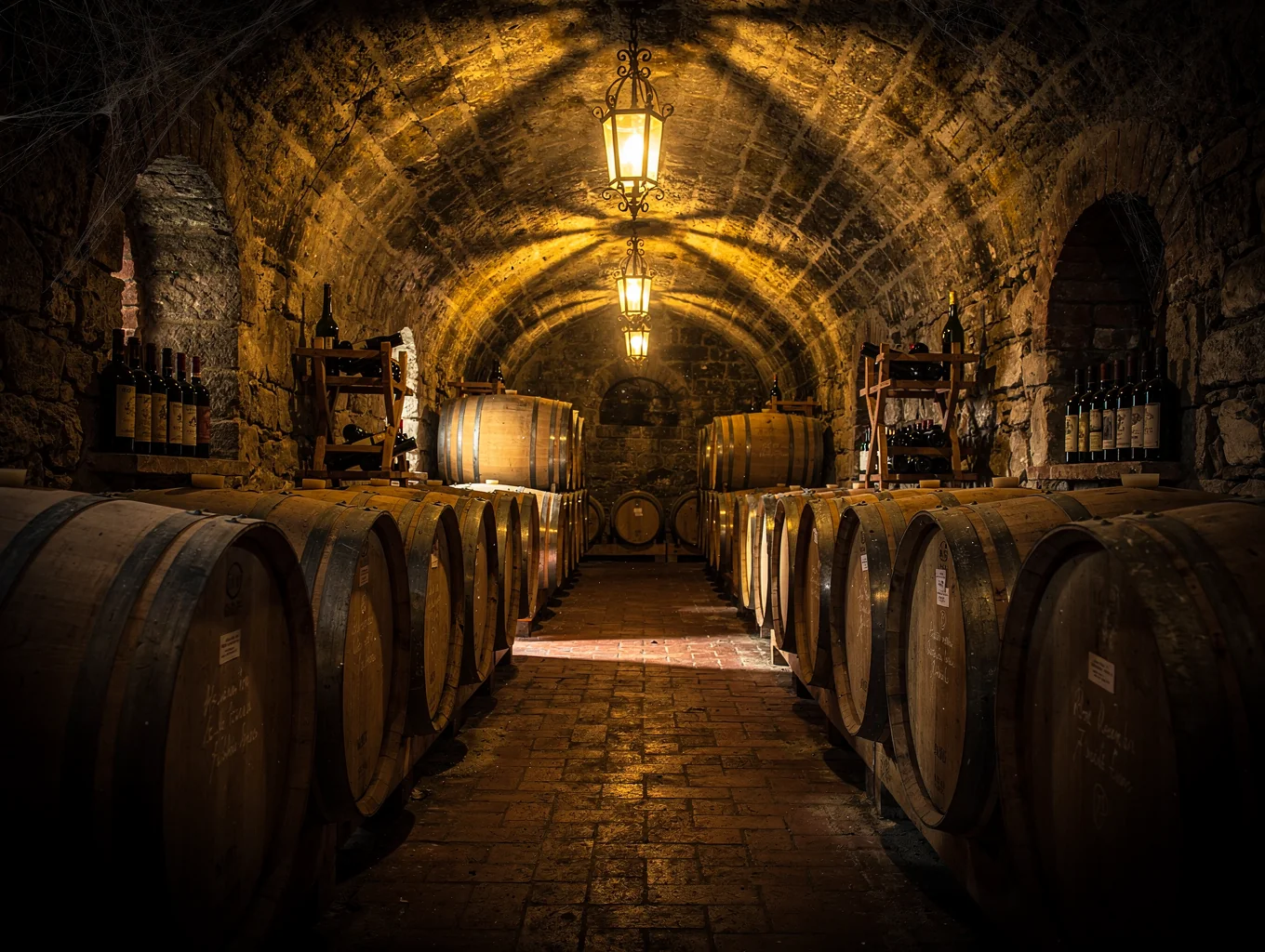 Wine cellar shelves with curated Italian bottles